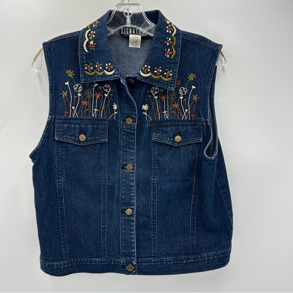 Vintage Signature Jerell Embroidered Denim Vest Medium Floral Cottagecore Blue
